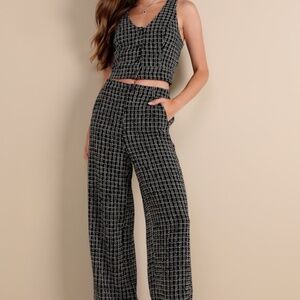 Lulus Posh Perception Black And White Plaid Tweed Wide-leg Pants - Size L